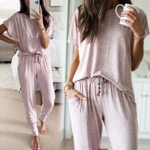 Fashion Solid Color Short Sleeve Top + Pants Two-piece Set