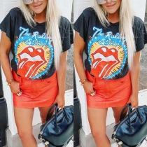 Chic Style Lip Printed Short Sleeve Round Neck T-shirt