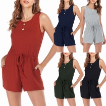 Fashion Solid Color Sleeveless Round Neck Romper
