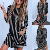 Casual Style Long Sleeve Round Neck Front-pocket Striped Dress