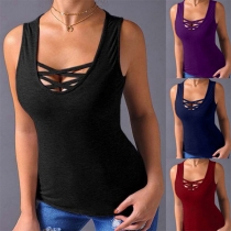 Sexy Lace-up V-neck Sleeveless Solid Color Top