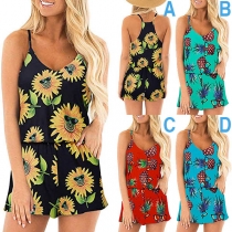 Sexy Backless V-neck Printed Sling Romper