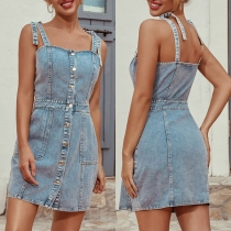 Sexy Backless Single-breasted Slim Fit Sling Denim Dress