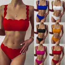 Sexy Low-waist Backless Solid Color Wavy Edge Bikini Set