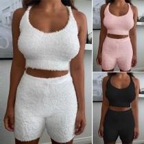 Sexy Backless Sling Plush Crop Top + High Waist Shorts Two-piece Set