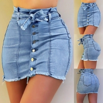 Fashion High Waist Slim Fit Frayed Hem Single-breasted Denim Dress