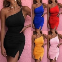 Sexy One-shoulder Slit Hem Solid Color Slim Fit Sling Dress