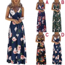 Sexy Backless V-neck High Waist Printed Sling Dress