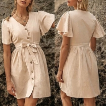 Fashion Solid Color Lotus Sleeve V-neck High Waist Dress