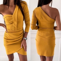 Sexy One-shoulder Long Sleeve Solid Color Irregular Hem Dress
