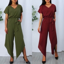 Fashion Solid Color Short Sleeve V-neck Irregular Hem Jumpsuit