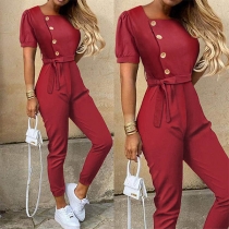 Fashion Solid Color Short Sleeve Square Collar High Waist Jumpsuit