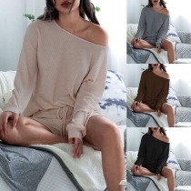 Fashion Solid Color Long Sleeve Top + Shorts Two-piece Set