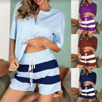 Fashion Solid Color Short Sleeve Top + Striped Shorts Two-piece Set
