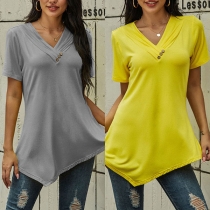 Fashion Solid Color Short Sleeve V-neck Irregular Hem T-shirt