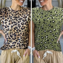 Fashion Cap Sleeve Round Neck Leopard Printed T-shirt