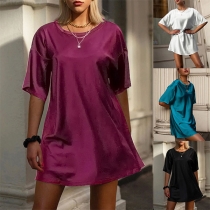 Simple Style Short Sleeve Round Neck Solid Color T-shirt Dress