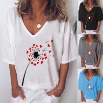 Casual Style Short Sleeve V-neck Dandelion Printed T-shirt