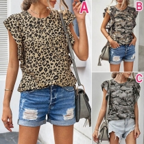 Fashion Lotus Sleeve Round Neck Leopard/Camouflage Printed T-shirt