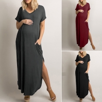 Fashion Solid Color Short Sleeve V-neck Slit Hem Maternity Dress