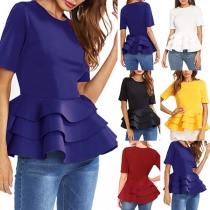 Fashion Solid Color Short Sleeve Round Neck Ruffle Hem Top