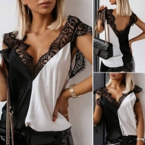 Sexy Lace Spliced Sleeveless V-neck Contrast Color Top
