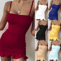 Sexy Backless Ruffle Hem Solid Color Slim Fit Sling Dress