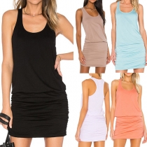Simple Style Sleeveless Round Neck Solid Color Slim Fit Tank Dress
