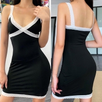 Sexy Backless V-neck Lace Spliced Slim Fit Sling Dress