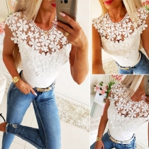 Sexy Hollow Out Lace Spliced Sleeveless Round Neck Slim Fit T-shirt