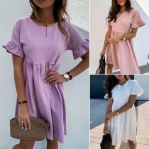 Sweet Style Lotus Sleeve Round Neck Solid Color Dress