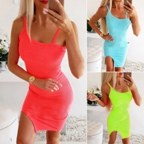 Sexy Slit Hem Solid Color Slim Fit Asymmetric Sling Dress