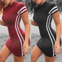 Fashion Striped Spliced Short Sleeve Round Neck Slim Fit Dress