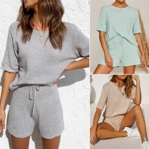 Fashion Solid Color Short Sleeve T-shirt + Shorts Two-piece Set