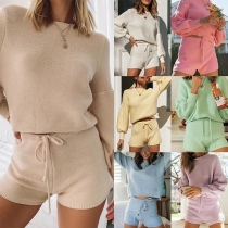 Fashion Solid Color Lantern Sleeve Round Neck Knit Top + Shorts Two-piece Set