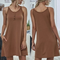 Simple Style Solid Color Round Neck Front-pocket Sling Dress