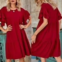 Fashion Solid Color Lotus Sleeve Round Neck Loose Dress