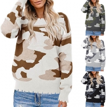 Fashion Long Sleeve Round Neck Camouflage Printed Knit Top