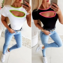 Sexy Hollow Out Short Sleeve Round Neck Slim Fit T-shirt