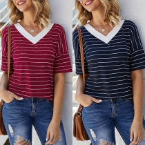 Fashion Short Sleeve V-neck Striped T-shirt