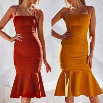 Sexy Backless Fishtail Hem Solid Color Sling Dress