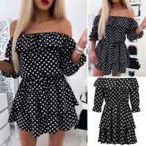 Sexy Off-shoulder Ruffle Boat Neck Dots Printed Dress