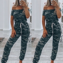 Sexy Off-shoulder Boat Neck Short Sleeve High Waist Camouflage Printed Jumpsuit