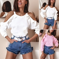 Sexy Off-shoulder Ruffle Long Sleeve Round Neck Solid Color Top