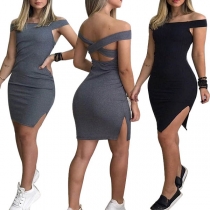 Sexy Backless Slit Hem Solid Color Slim Fit Sling Dress