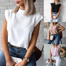 Simple Style Sleeveless Mock Neck Solid Color T-shirt