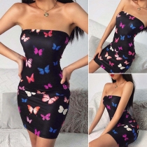 Sexy Strapless Butterfly Printed Slim Fit Dress