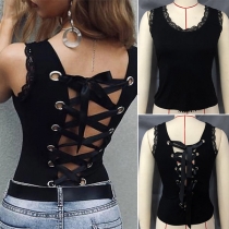 Sexy Lace-up Backless Sleeveless Round Neck Lace Spliced Top