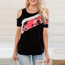 Sexy Off-shoulder Short Sleeve Printed Spliced T-shirt
