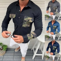 Fashion Camouflage Spliced Long Sleeve POLO Collar Man's Denim Shirt